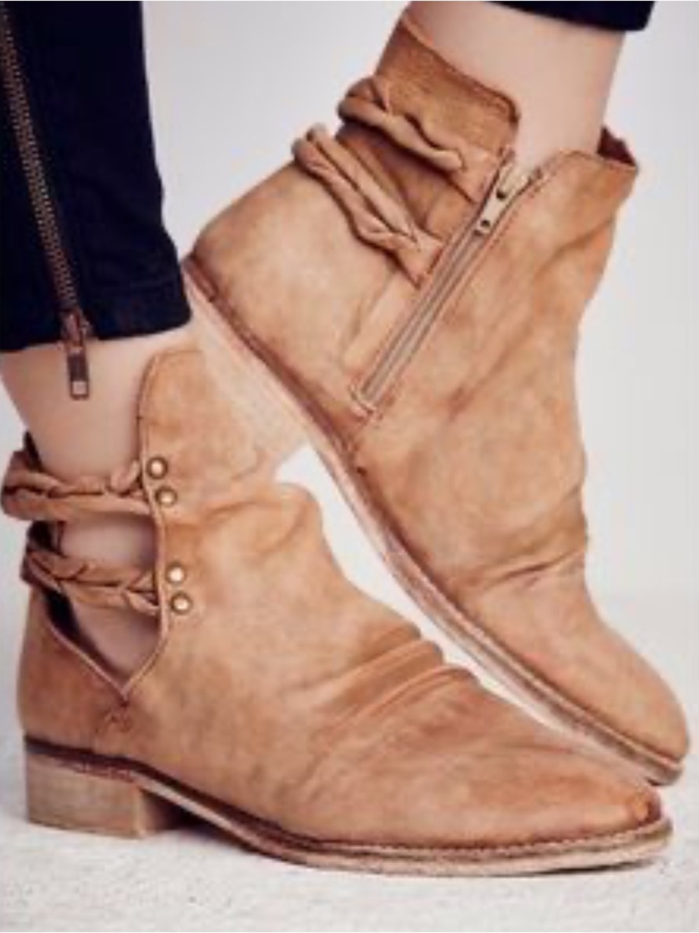 Tan Suede Ankle Boots with Side Zipper
